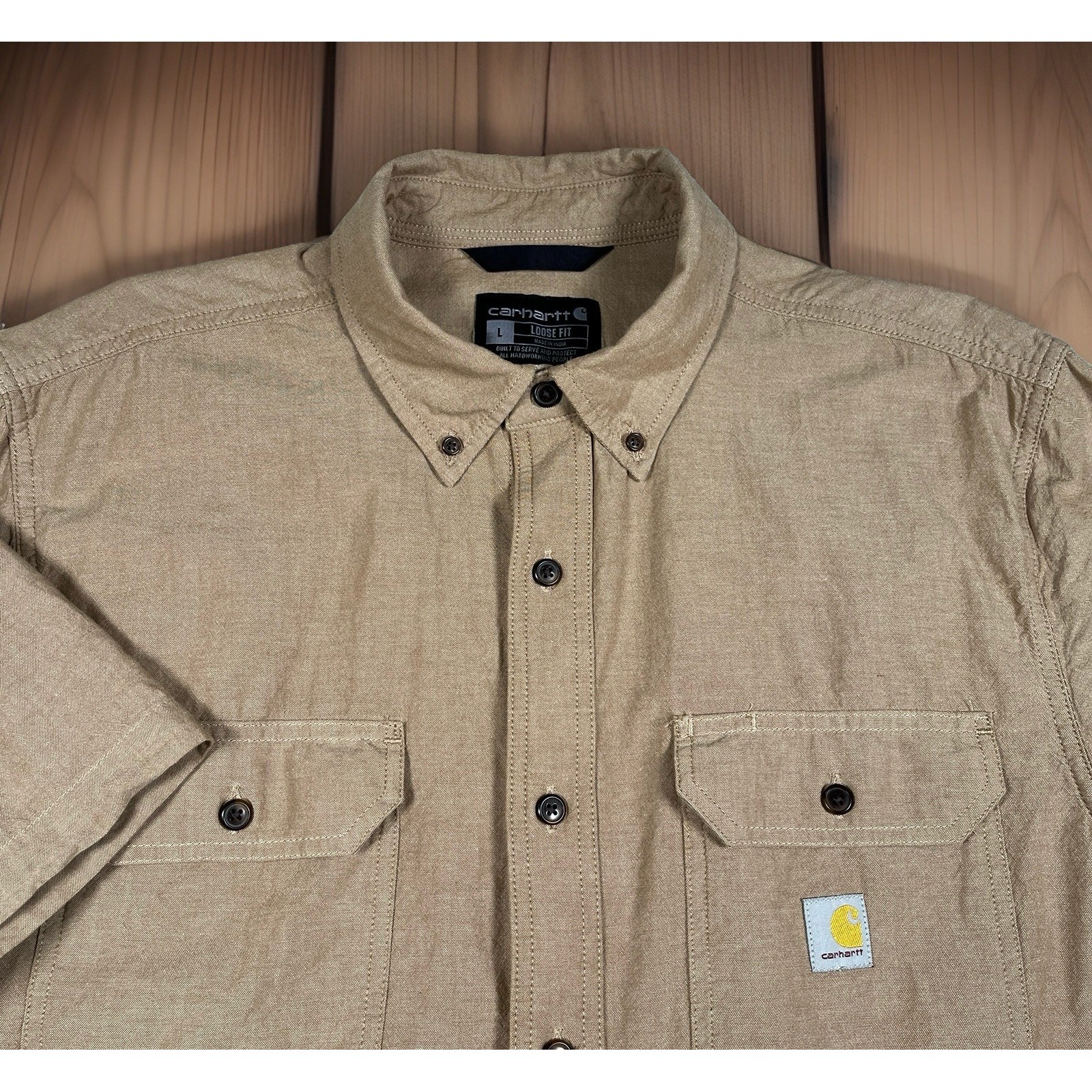Carhartt Men's Dark Tan Chambray Shirt Loose Fit Large Pockets Work Cotton *Euc
